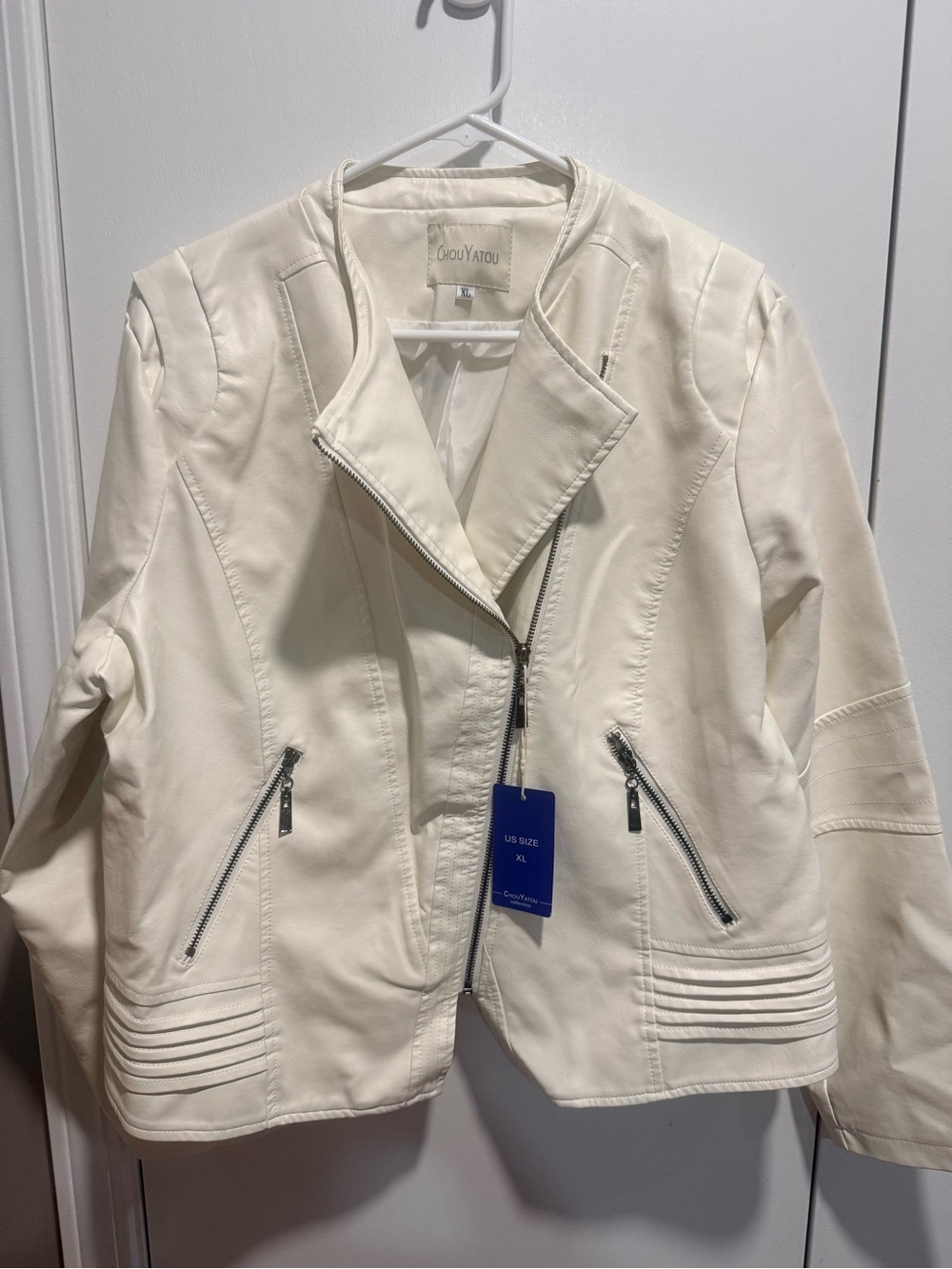 Women's Cream Asymmetrical faux leather moto Jacket